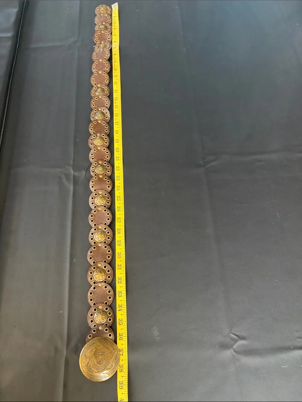 Brown Faux Leather Concho Disc Belt Brass Western Boho Statement